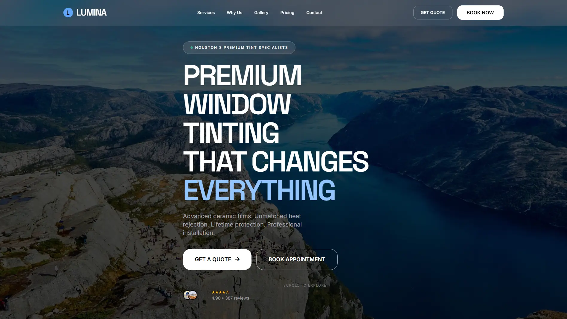 Lumina window tinting concept site — Houston tint specialist with dramatic mountain hero and bold typography