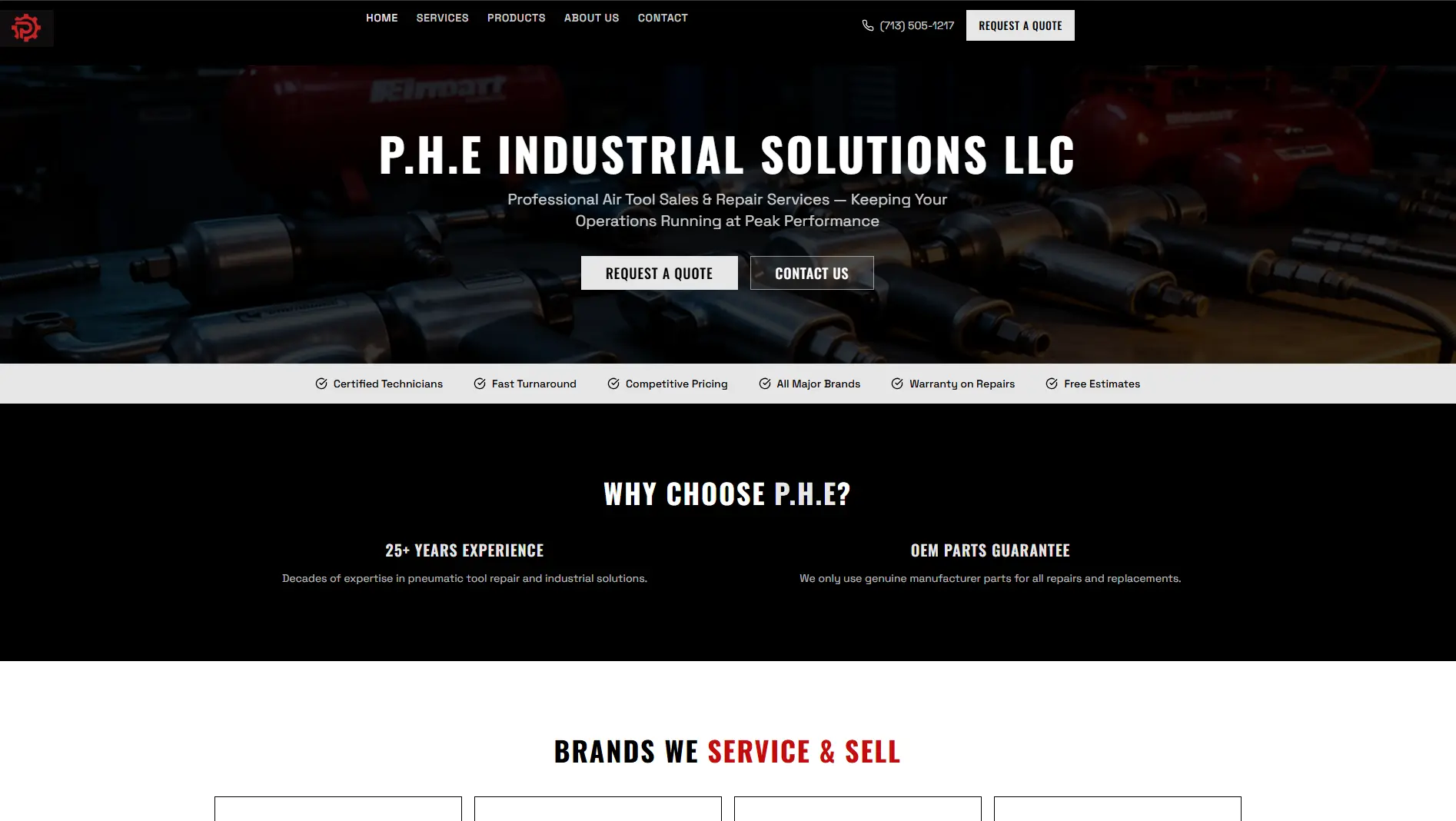 P.H.E Industrial Solutions homepage — dark theme with red accents, featuring air tool sales and repair services