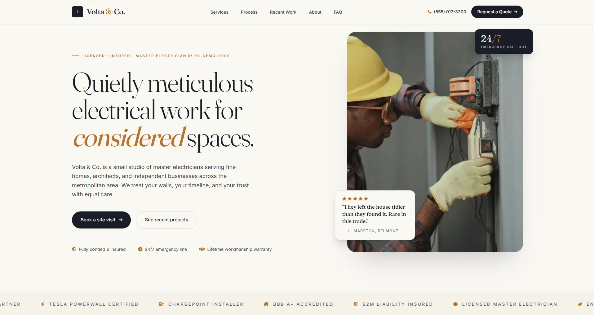 Volta & Co. Electric concept site — refined copper-on-cream design with editorial serif typography for a master-electrician studio